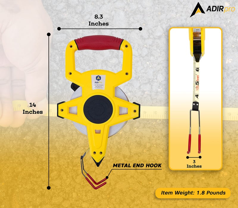 AdirPro Fiberglass 100' Appraiserâ€™s Measuring Tape Tape Rule with Extra Large Metal End Hook for Precise Measurements, Perfect for Appraisers, Surveyors, Landscapers - Image 2